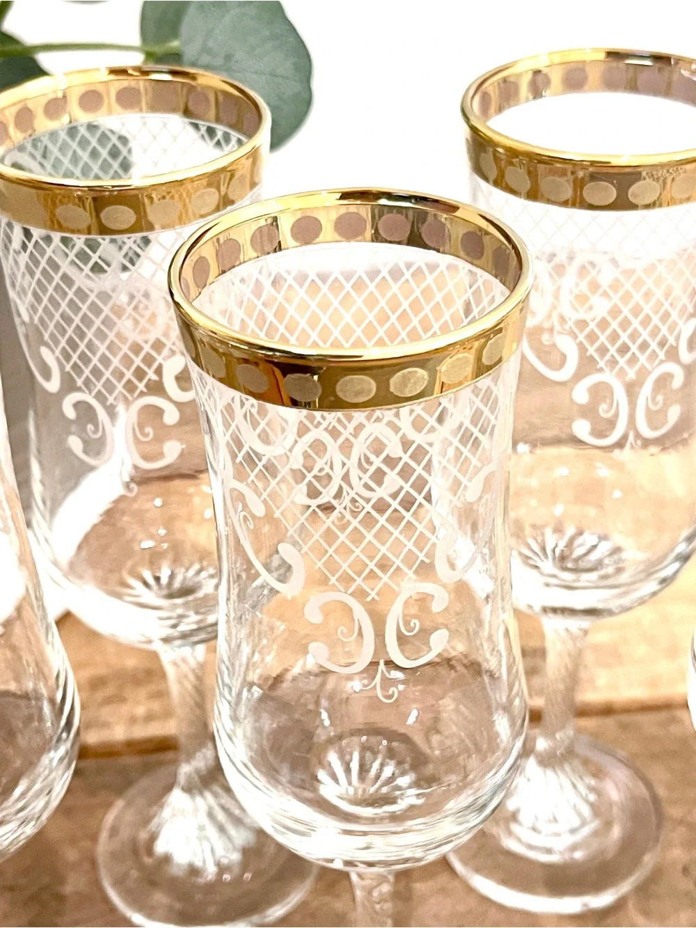 Vintage Handblown Gold Rim Champagne Flutes Twisted Stem Lattice Scroll Set of 5